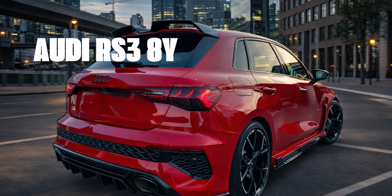 AUDI RS3 8Y with carbon body kit: fender, sides skirts, ducktail, spoiler, diffuser, mirror caps