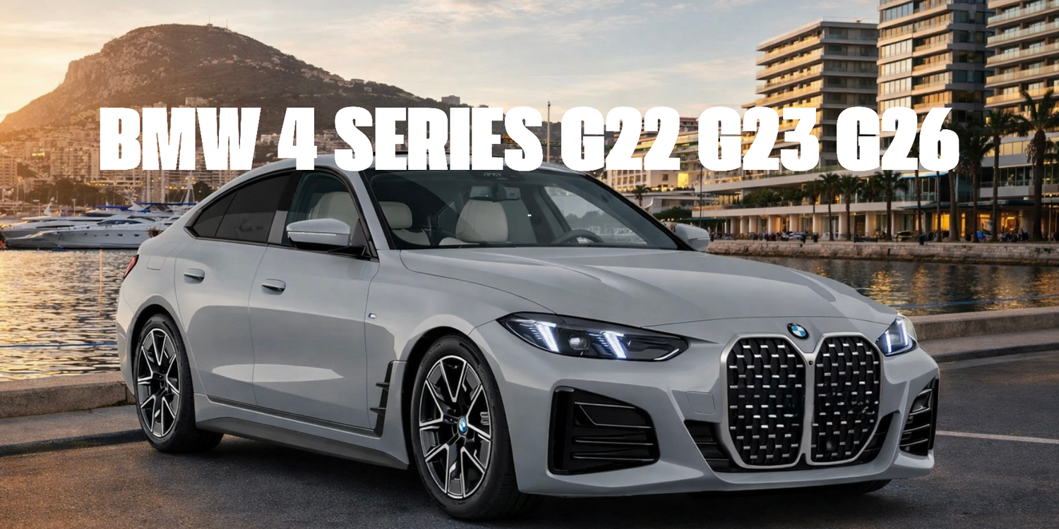 BMW 4 Series G22 G23 G26 with carbon body kit: fender, sides skirts, ducktail, spoiler, diffuser, mirror caps