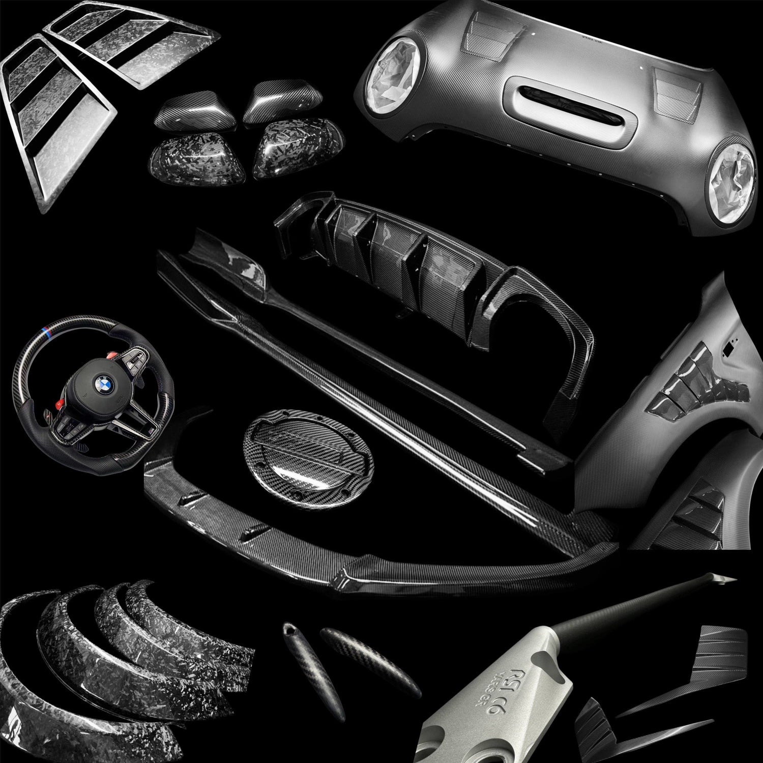 Fender, Hood, Diffuser, Sides Skirts, Strut Bar, Steering wheel and other more in carbon fiber or forged carbon for your MINI, BMW, AUDI, VOLKSWAGEN, TOYOTA,McLAREN and other more